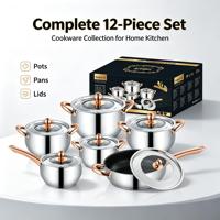 Juego de 12 piezas de lujo de utensilios de cocina de acero inoxidable con mango color oro rosa, que incluye olla, cacerola, sartén y tapas de vidrio, apto para inducción.