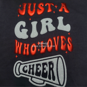 DIY Just a Girl Who Loves Cheer White Glitter 3D Puff PU Red Metallic PU Heat Transfer Applique pour Shirt Sports Bra Umbrella - Product Image 4