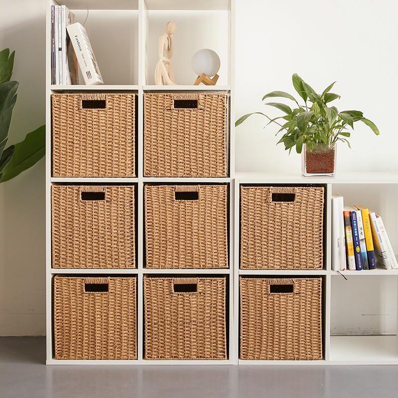 Household Organizer Rattan Straw Storage Box Books Sundries Clothing Paper Woven Storage Baskets