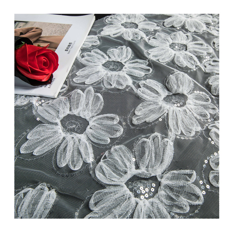 White Flowers 3D Sequin Lace Fabric