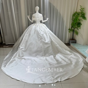 Lsoy067 Romantic Folded Cuff Off Shoulder Crystal Starburst Embroidered Satin <b>Ball</b> <b>Gown</b> Wedding Dress For Aisle Jancember - Product Image 3
