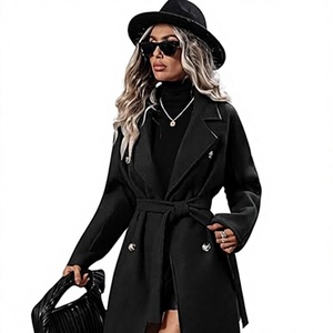 Manteau Trench Élégant pour Femme, Double Boutonnage, Longueur Genou, Noir Uni, Col Cranté, Coupe-Vent en Polyester, Vêtement d'Extérieur Automne - Product Image 1