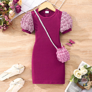 <span class=keywords><strong>Vestido</strong></span> Casual de Gasa para Niñas, Color Sólido, Mangas Abullonadas, Cuello Redondo, Largo hasta la Rodilla, Temporada de Primavera, ODM, Incluye Bolso - Product Image 5