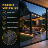 Pergola bioclimatique moderne en aluminium imperméable pour terrasse, avec toit à lames motorisées et éclairage LED pour balcon et jardin