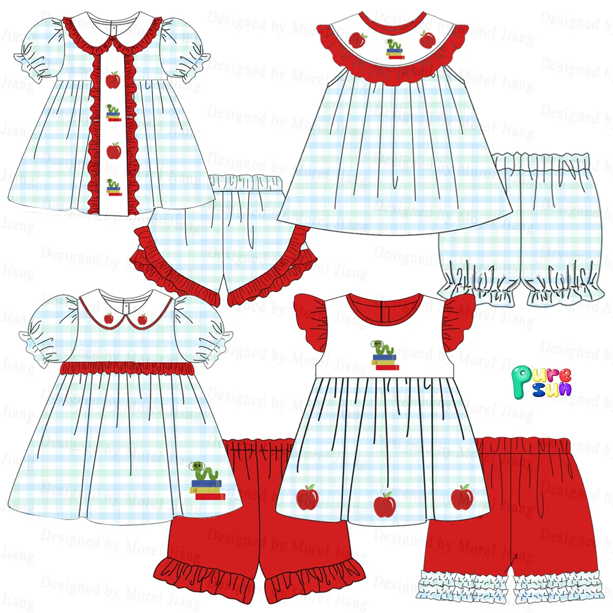 Puresun 2024 neue Designs zurück in die Schule Smocked Outfits OEM ODM Baby Großhandel Mädchen Kleidung Sets