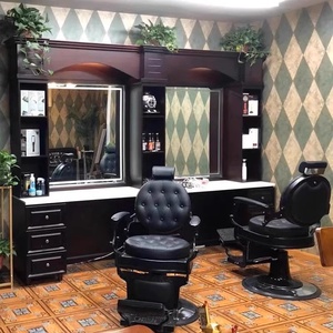 Miroir de barbier rétro, table de salon de <span class=keywords><strong>coiffure</strong></span> en bois avec lampe pour coupe de cheveux, spécialisé pour les salons de <span class=keywords><strong>coiffure</strong></span> masculins - Product Image 1