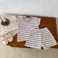 Summer Toddler New Kids 'Air-Conditioning Outfit Stripe Contrast Lace Trim Short Sleeve Baby Home Outdoor Set