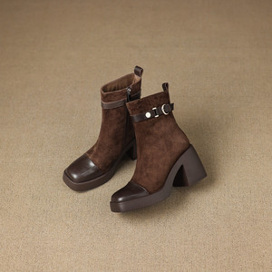 Meilleures ventes : Bottes mi-mollet décontractées en cuir de vachette pleine fleur, couleur unie, style rétro, avec ceinture décorative, imperméables, antidérapantes, à talon épais et confortable - Product Image 2
