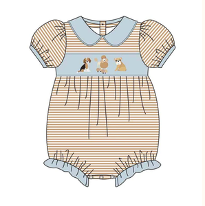 Venta al por mayor bebé niña niños nuevo diseño perro apliques bordado raya ropa conjunto niños personalizado verano fruncido ropa - Product Image 3