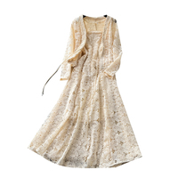 Ensemble deux pièces en dentelle romantique française pour femmes, pour l'automne, col en V, manches 3/4, taille nouée, tenue élégante