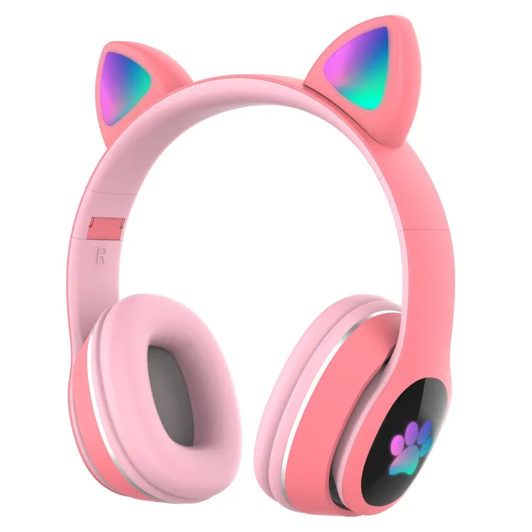 Foldable Colorful Cat's Ear Bluetooth Pink Gaming USB Headset with Retractable Mic 7.1 Surround Sound