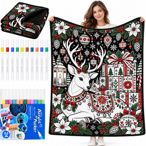 Couverture à colorier lavable de Noël avec 24 marqueurs acryliques, couverture en flanelle à faire soi-même pour adultes et enfants - Product Image 5