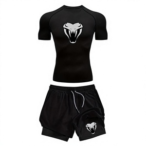 <b>Men's</b> Black <b>Compression</b> Rash Guard Short Sleeve Gym Workout Set Quick Dry Sports Kit with Purple Logo Print - Product Image 2