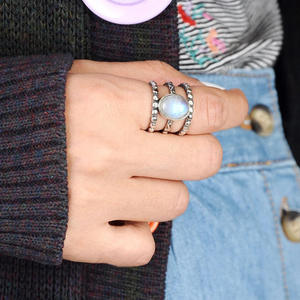 Anillo de Plata A179 con Engaste de Piedra Lunar, Bañado en Plata Antigua, Joyería Unisex de Regalo, Plata de Ley 925 con Patrón de Bola - Product Image 6