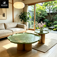 Ensemble de tables gigognes de luxe 2 pièces, plateau texturé feuille de lotus, base en bois massif, table basse décorative pour salon, hôtel, villa