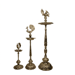 Elegant <b>Silver</b> Finish Standing Samai Deepam Oil <b>Lamp</b> Decorative Puja Accessory for Home Temple Prayer Room Diwali Celebration - Product Image 1