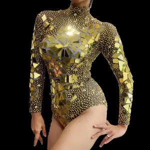 Body sexy en cristal pour femme, avec miroir doré argenté, pour la scène de discothèque, de danseuse, de DJ, de chanteuse, de jazz, de danse