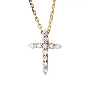 Custom 18K Solid Gold Real Diamond Cross Pendant Gold NecklaceためWomen