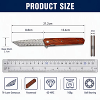 Couteau pliant de poche Damas, manche en bois, couteau tactique portable pour la chasse, le camping, la survie, outil de transport d'urgence DM008
