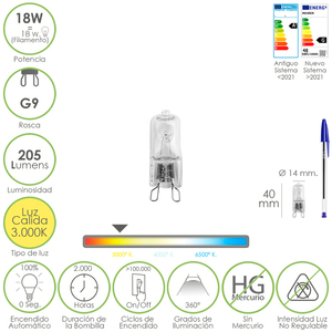 G-9 <b>Halogen</b> <b>Bulb</b>. 18W. 205 lumens. Warm light (3000K) - Product Image 1