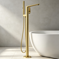 Robinet de baignoire sur pied WEIHAO en laiton brossé doré non revêtu, mitigeur de bain à levier unique avec douchette à main, ensemble combiné