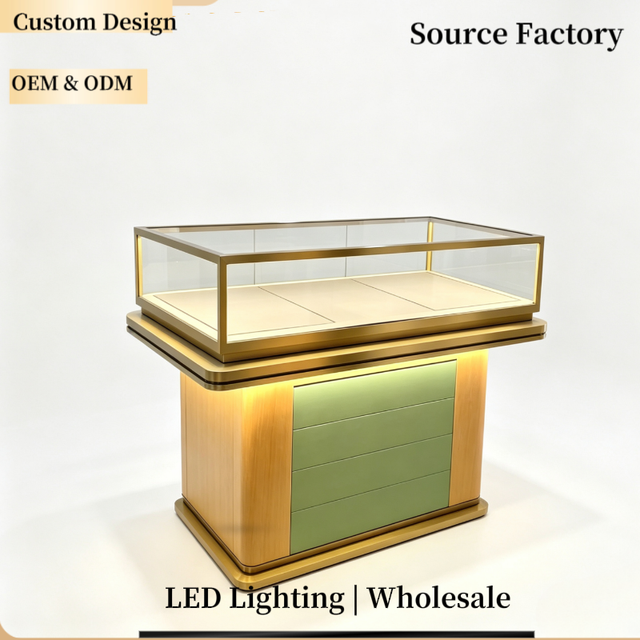 Customizable Size Strong Glass Metal Frame Luxury Jewelry Display Cabinet LED Lighting Polished Finish for Retail Stores