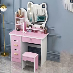 Meuble de chambre d'hôtel : Coiffeuse élégante en bois rose et blanc avec rangement pour maquillage et accessoires, idéale pour chambre à coucher (nouveau modèle) - Product Image 1