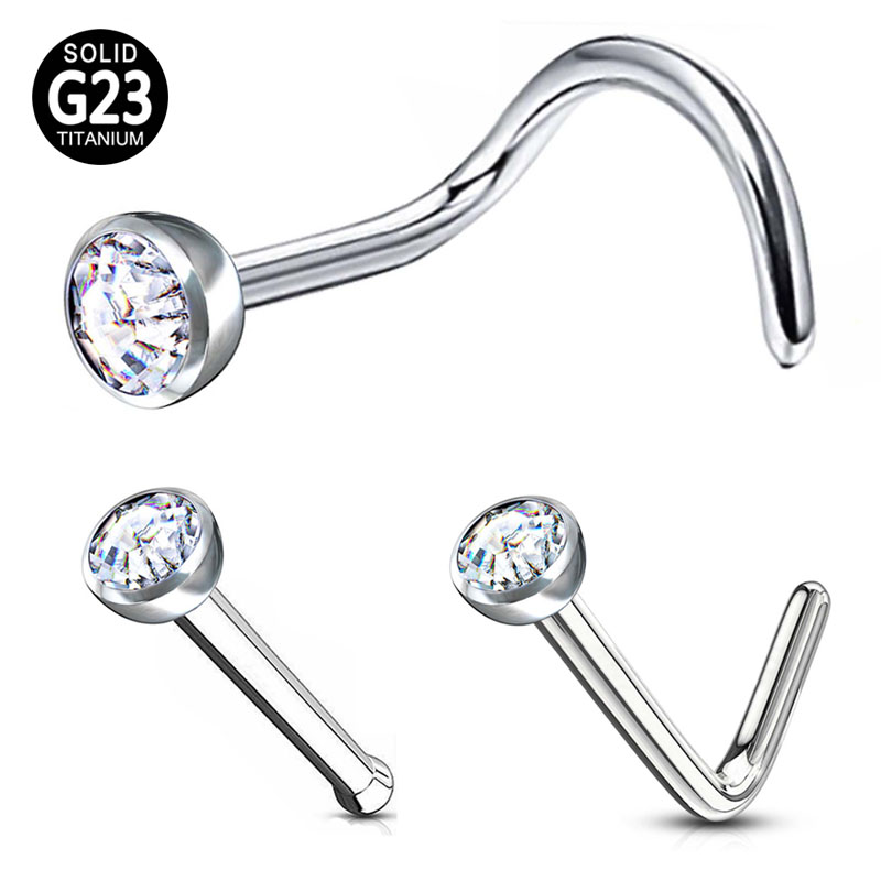 18G 20G ASTM F136 G23 titanio cuerpo Piercing joyería ópalo claro CZ circón hueso L en forma de nariz tornillos anillo 0,8x7x2mm