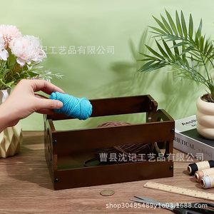 Solid Wood Yarn <b>Storage</b> Box Rectangular Brown Covered For <b>Knitting</b> Craft Organization - Product Image 1