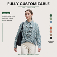 Chemisier sur mesure à volants sur le devant pour femme, chemise à carreaux vert foncé, coupe oversize à épaules tombantes, ourlet asymétrique, fabricant OEM