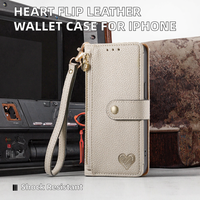 Casing Dompet Kulit Lipat Desain Hati Mewah Berlapis Elektroplating untuk 17/16 Pro Max/15/14/13/12/11/XR/XS Max/7/8 - Anti Benturan