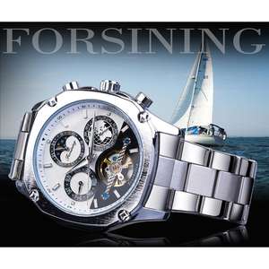 นาฬิกาข้อมือผู้ชาย Forsining ระบบจักรกล ทูร์บิญอง แสดงข้างขึ้นข้างแรม พร้อมวันที่ ระบบออโตเมติก สปอร์ต สายสแตนเลสสตีล Reloj Hombres - Product Image 2