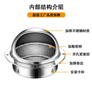 Tapa Esférica de Acero Inoxidable Seshun 304 para Ventilación, Cubierta de Ducto de Campana Extractora de Cocina, Superficie Pulida, Fijación con Tornillos - Product Image 5