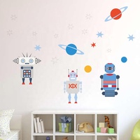 Toptan UV baskılı şeffaf çevre dostu PVC su geçirmez kullanımlık duvar çıkartmaları özel uzay evren Robot çıkartmaları dekor