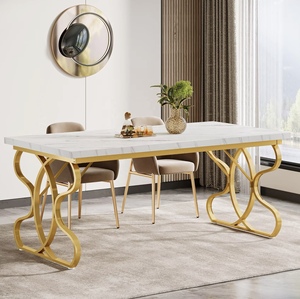 Table à manger en pierre frittée FYZK, mobilier contractuel, 6 places, plateau en marbre, base dorée, fournisseur en gros pour l'hôtellerie, les villas <span class=keywords><strong>et</strong></span> les restaurants - Product Image 1