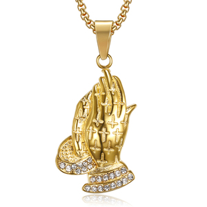 Haute polie 18k or bijoux en acier inoxydable unisexe religieux prier mains strass pendentif en or collier - Product Image 1