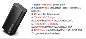 Banque d'alimentation USB C 30000 mAh 65W à charge rapide - Product Image 3