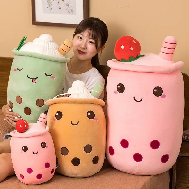새로운 고품질 만화 원통형 과일 우유 보바 거품 차 커피 박제 베개 부드러운 Kawaii 쿠션 동물 플러시 장난감