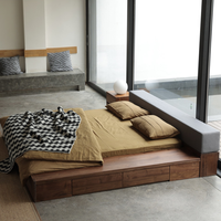 Cama Baja Minimalista de Madera Maciza de 1.8m, Cama de Plataforma Tatami de Nogal Negro Japonés, Cama Extra Ancha para Dormitorio