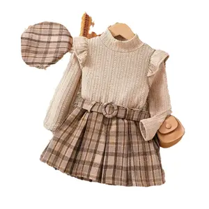 Sweet Cute Girl High-Necked Knitted Long-Sleeved Shirt Plaid Pleated Skirt Hat Three-Piece Suit Children Clothing Wholesale