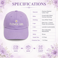 Topi Baseball Anak Custom Bordir Bunga Daisy untuk Pernikahan, Bahan Katun, Dapat Disesuaikan, Unisex, Grosir OEM