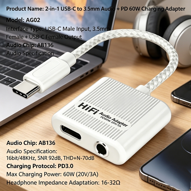 Factory Direct USB-C 3.1 Audio Charging Adapter 2-in-1 Design HiFi Sound PD 60W Oxygen-Free Copper CE RoHS Certified COMTANG