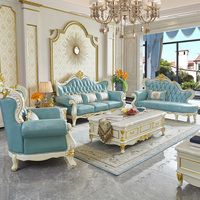 Luxuriöses Hotel-Wohnzimmer-Sofa-Set im europäischen Stil, Echtleder, französische königliche Villenmöbel, Massivholz-Sofa-Garnitur
