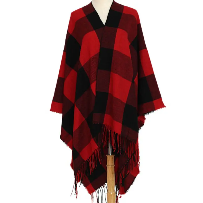 Красно-Черная шаль с разрезом и бахромой, женская имитация кашемира, черно-белая клетчатая шаль, женский шарф-пончо с бахромой из буйвола