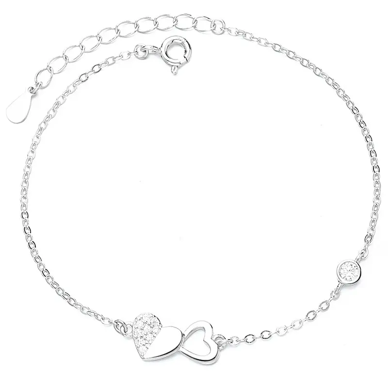 Custom fashion jewelry summer gift 925 sterling silver double heart adjustable charms bracelets for women