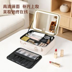 Nianduo Cosmetic Bag Pu Material Large Capacity Zipper Closure With Mirror And Light Travel <b>Makeup</b> <b>Case</b> For Everyday Use - Product Image 5