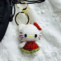 Porte-clés en fil de coton au crochet, motif chat de dessin animé, fait main, en forme de chat, accessoire pour sac ou téléphone