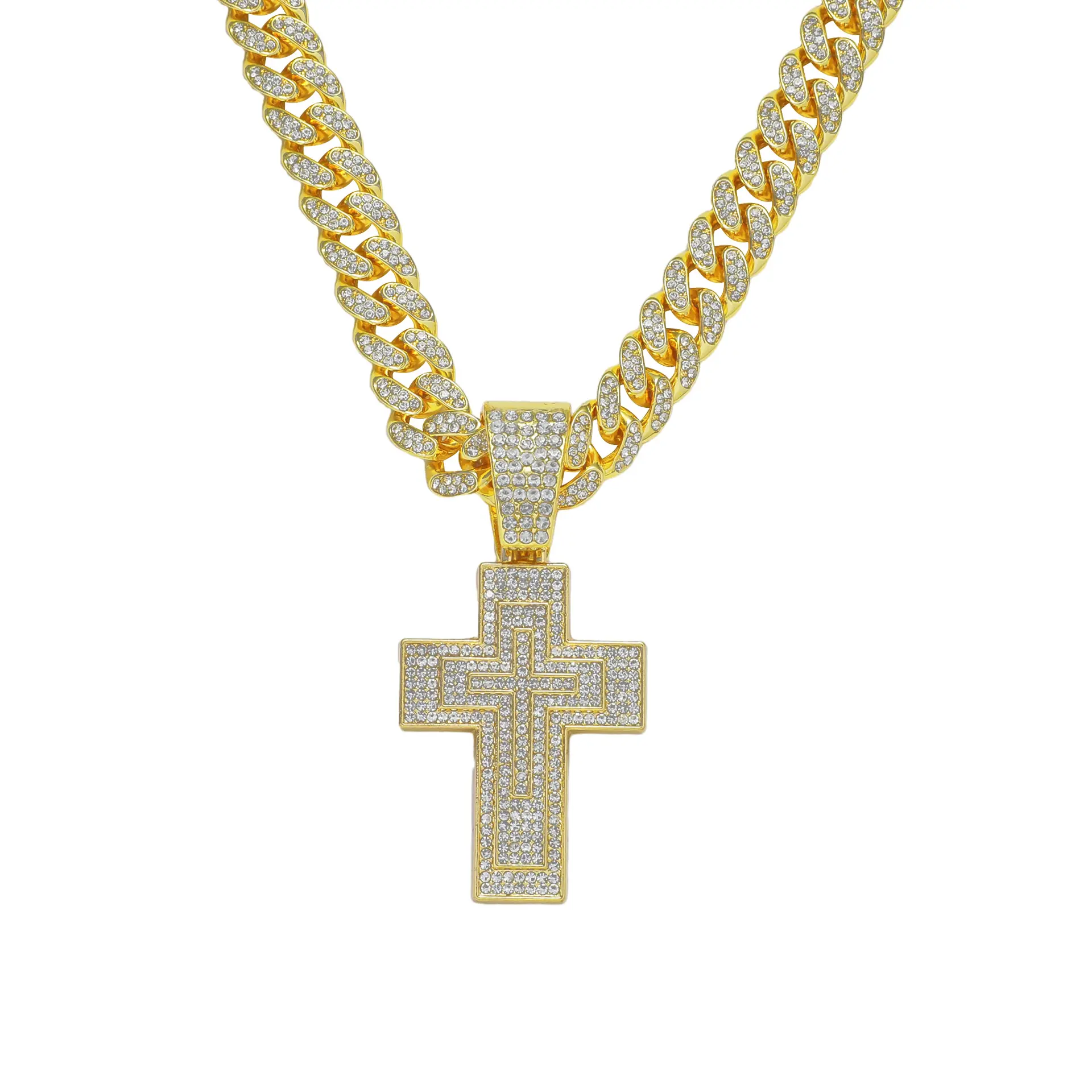 Hiphop Femmes Hommes Big Bling Bling Cristal Croix Pendentif avec Plein Strass Exagérer Cuba Chaîne Collier Ras Du Cou Rock Bijoux