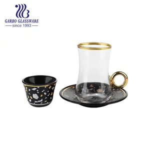 Wholesale 3pcs glass set of 210ml and 60ml black glass tea mug with black saucer in gift box for present and gift