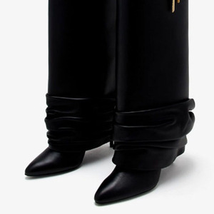 Pleated Upper Thin High Heel Pointed Toe Overlay Shoes Dress Metal Lock Pants Boots Women's Folded Over Knee High <b>Booties</b> - Product Image 5